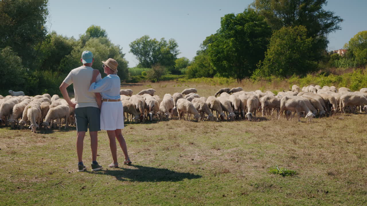 People watching flock of sheep in field
