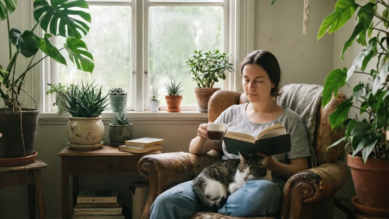 Mulher lendo livro e tomando café com gato em um cômodo aconchegante cheio de plantas