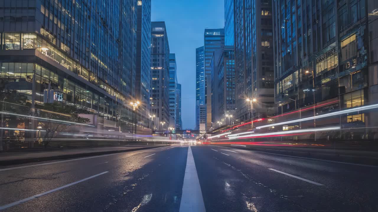 City street at night with modern buildings