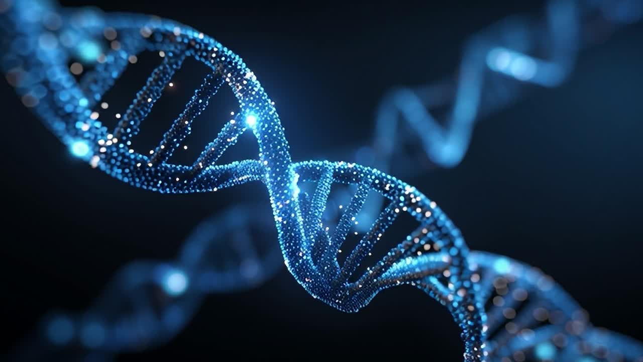 Visualizzazione 3D di una doppia elica di DNA blu brillante su sfondo scuro