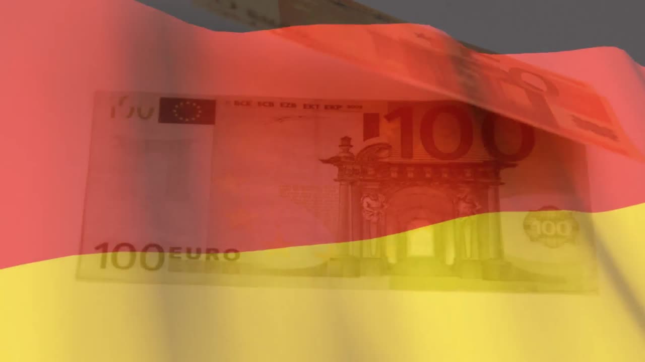 Animazione di banconote in euro che fluttuano su una bandiera tedesca che sventola.