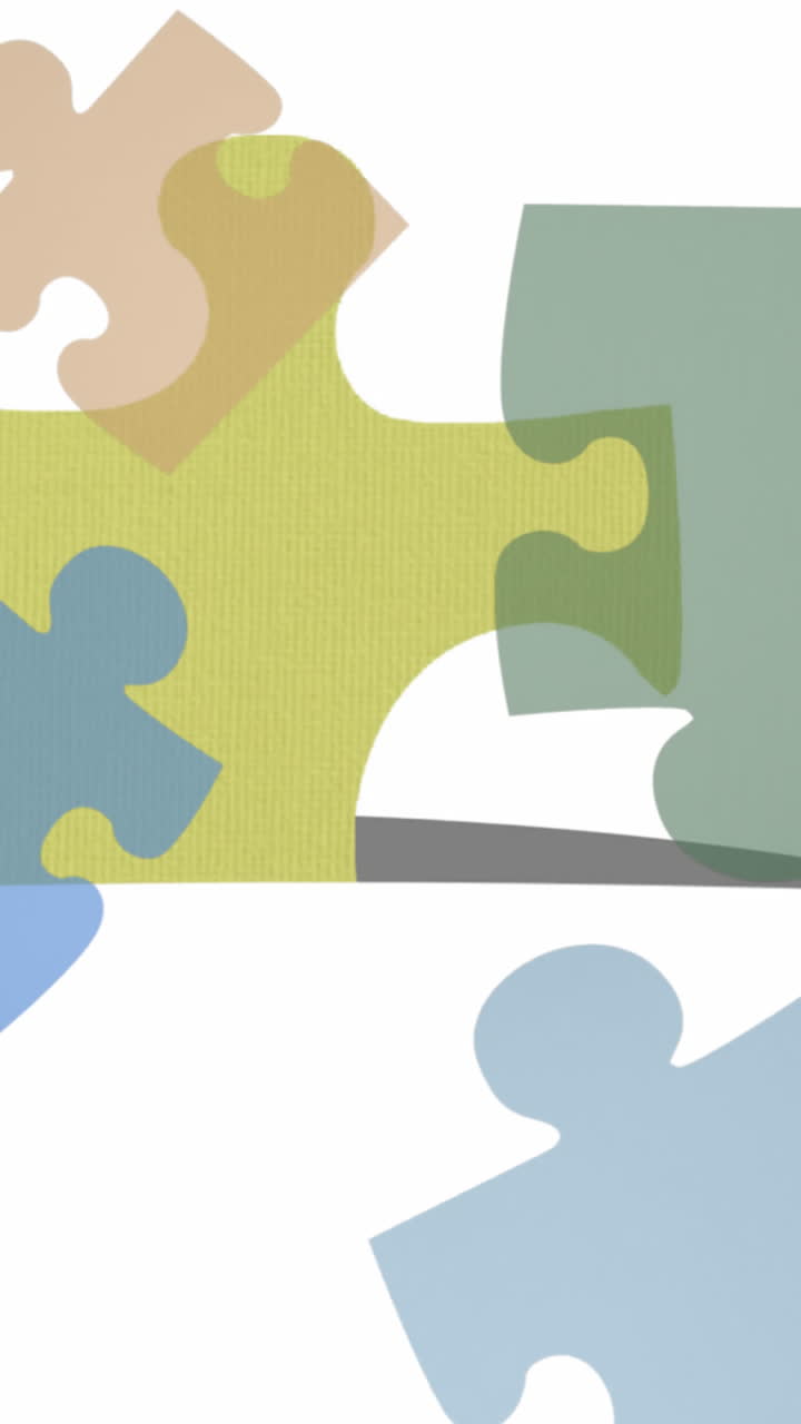 animación de rompecabezas de colores pastel flotando sobre un fondo blanco