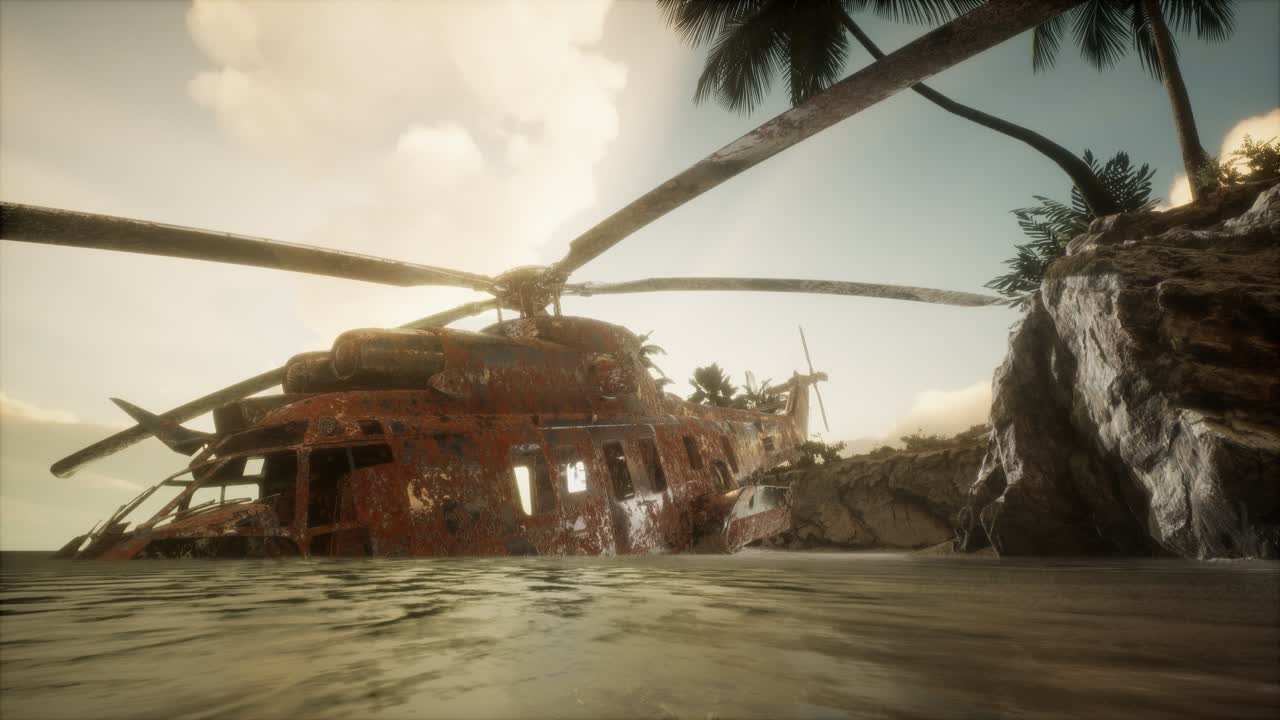 старый ржавый военный вертолет возле острова