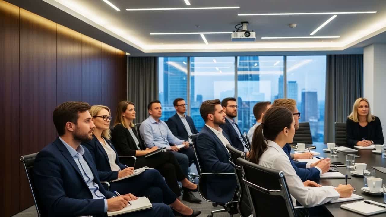 A group of professionals engaged in a formal business meeting, attentively listening and taking notes, in a well-lit conference room with modern decor and city views, showcasing collaboration and teamwork