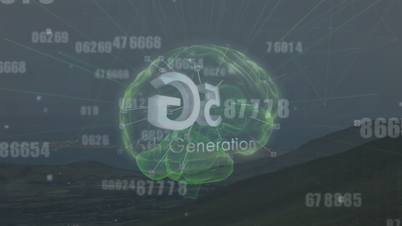 뇌의 애니메이션과 풍경 위의 5g 텍스트