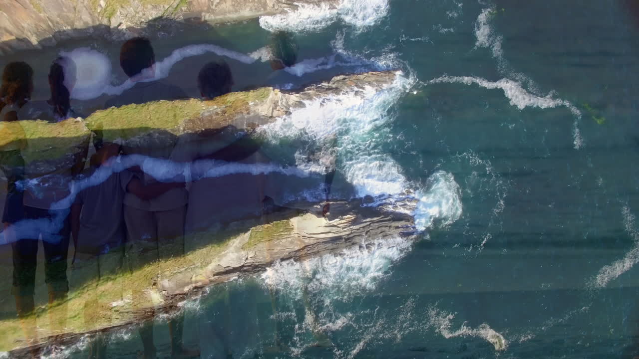 해변에서 가족이 포옹하는 바다와 함께 풍경의 애니메이션