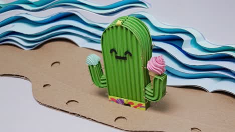 quirky handmade cactus character enjoying ice cream cones on a miniature cardboard beach with layered paper waves, creating a whimsical and summery scene