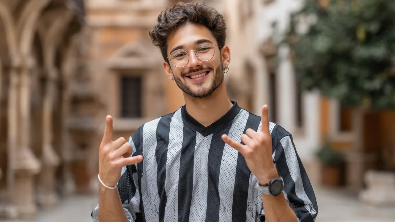 Un giovane gioioso esprime positività con un gesto della mano in un affascinante ambiente urbano, sottolineando la connessione attraverso il suo sorriso e il suo abbigliamento elegante.