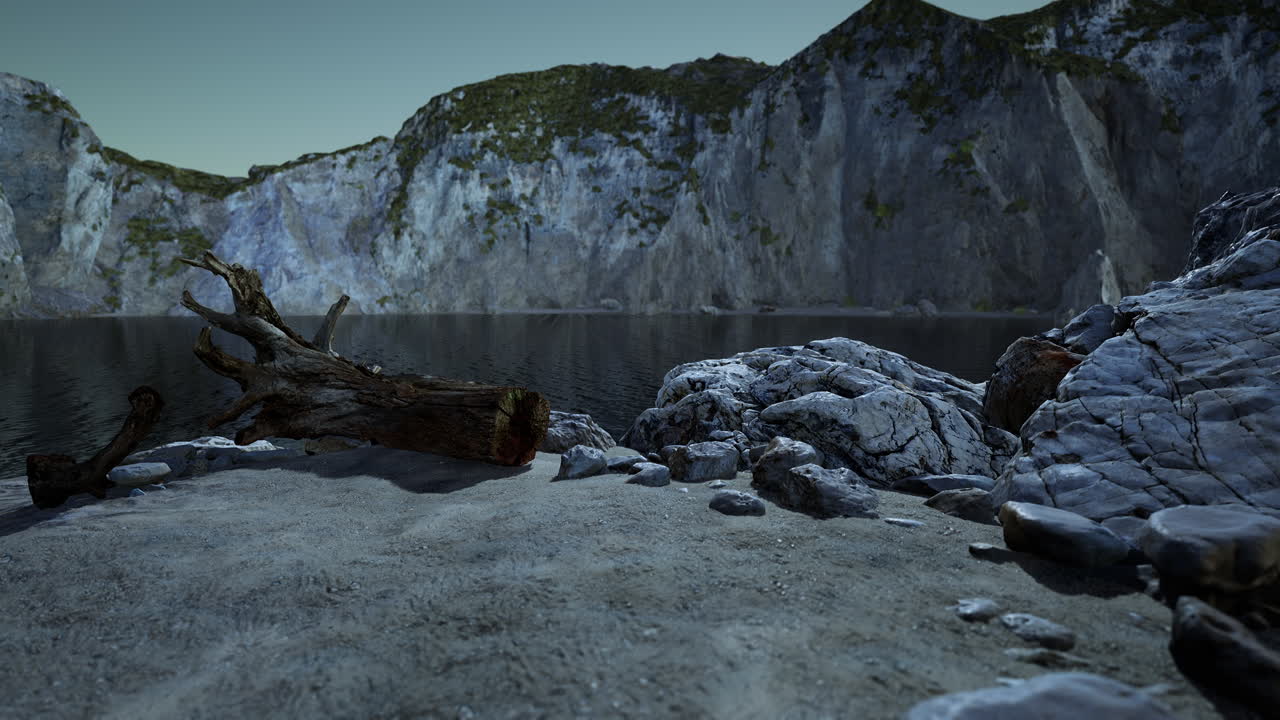 검은 모래 해변은 흐릿한 화산 암석 사이에 숨겨져 있습니다.