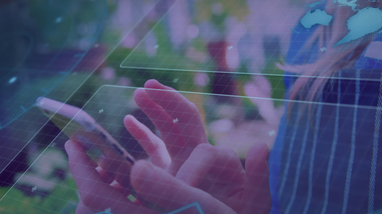 Animation of data processing over woman using smartphone