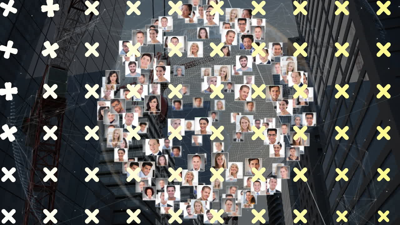 다양한 사람 아이콘과 도시 풍경에 대한 연결 네트워크로 전 세계에 걸쳐 모양의 애니메이션