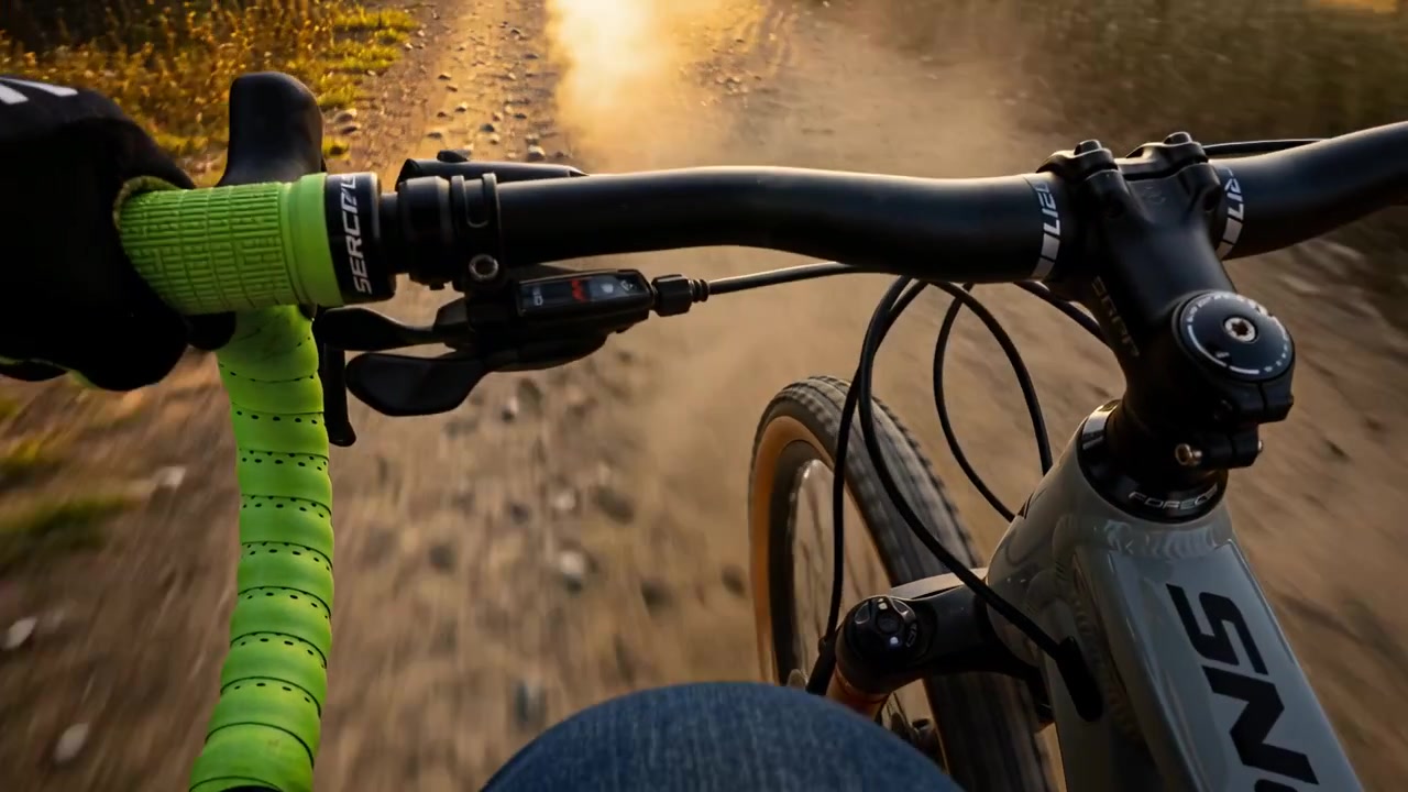 Cyklist på vej, der griber et neon-grønt styr med sort handske, rammer løst grus på stien og holder sporet.