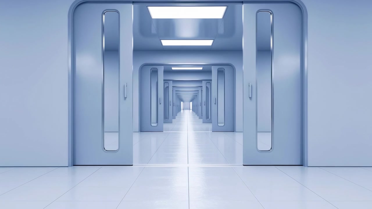Vista centrata di un corridoio sterile azzurro pallido con doppie porte allineate, finestre verticali strette, pannelli luminosi a soffitto, pavimento liscio e lucido e linee ripetute che rivelano uno spazio interno più profondo