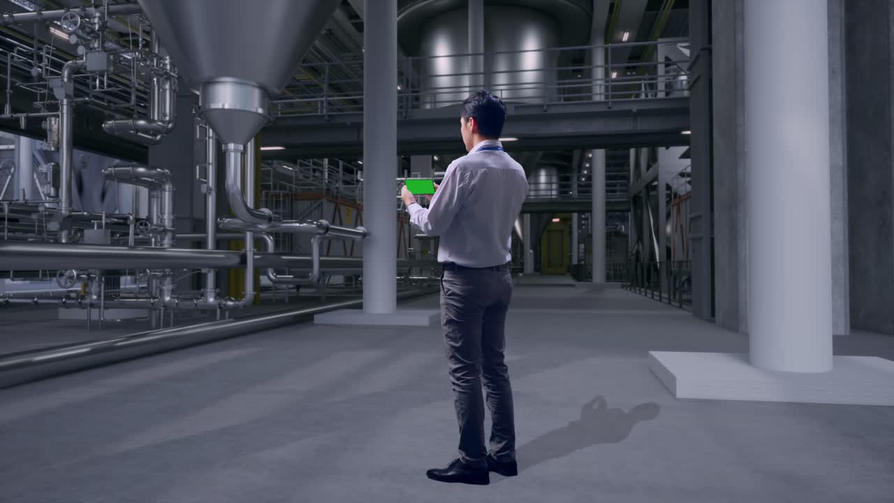 Full Body Back View Of An Asian Male Professional Worker Standing With Green Screen Smartphone in Distillery Interior with Large Fermentation Tanks, Industrial Facility