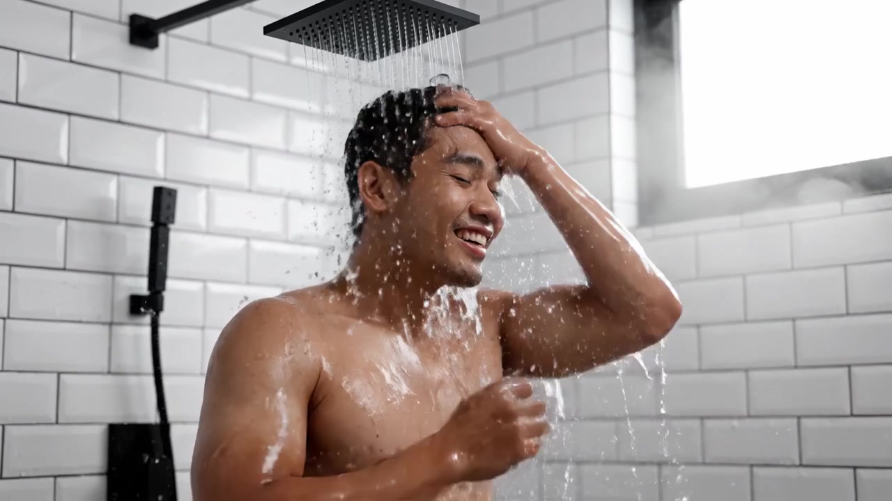 Relaxing Moments in the Shower: A Man Enjoys Refreshing Waterfalls While Reveling in the Sensation of Delightful Warmth and Serenity Under a Rain Showerhead