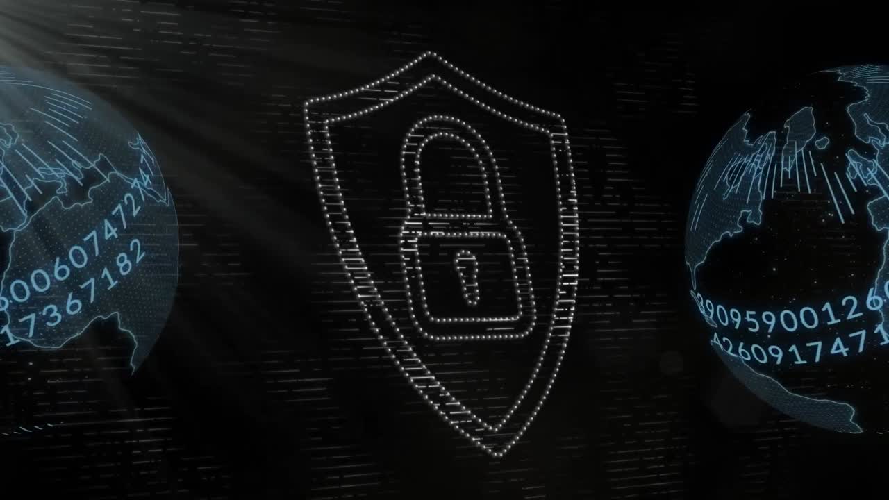 animación del procesamiento de datos del candado y la red de conexiones sobre un fondo oscuro