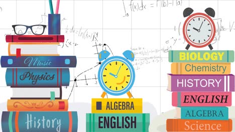 animación de libros icono y ecuaciones matemáticas sobre papel cuadrado.
