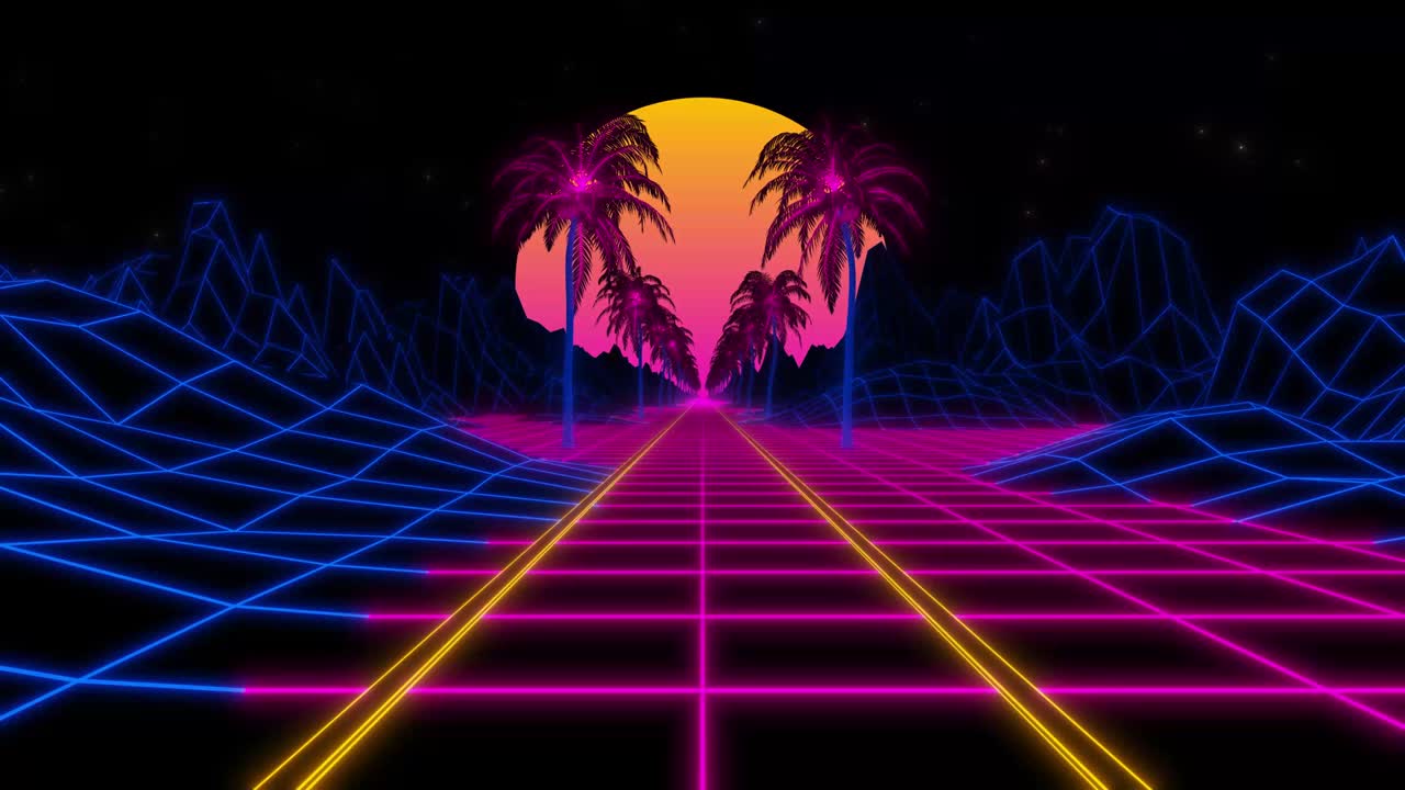 80s style Retro Sci-Fi seamless loop, futuristic grid landscape. Retro wave 3D animation. Synth-wave digital landscape with neon grids, palms trees, sun and mountains. 4K