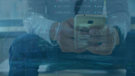 animation of stock market data processing over mid section of businessman using smartphone