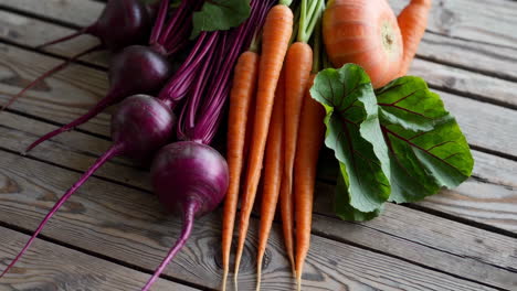 beets, carrots, and onions on a wooden table
