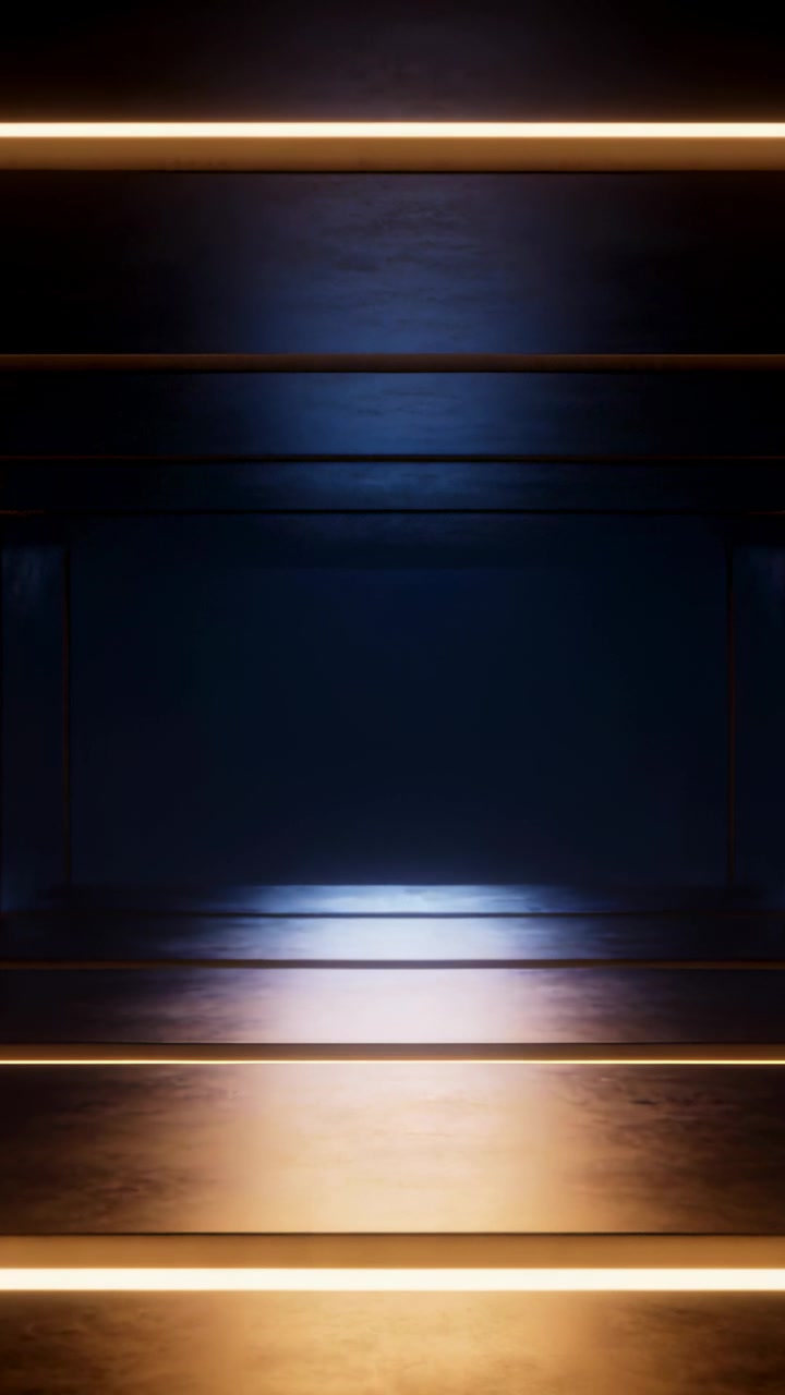 Video verticale: Telecamera panoramica che mostra un corridoio buio, una piscina blu che si illumina, sbarre calde, pannelli a coste.