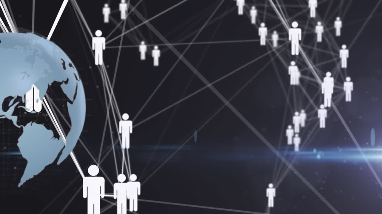 검은색 배경에 인간 아이콘과 연결 네트워크의 지구 회전의 애니메이션