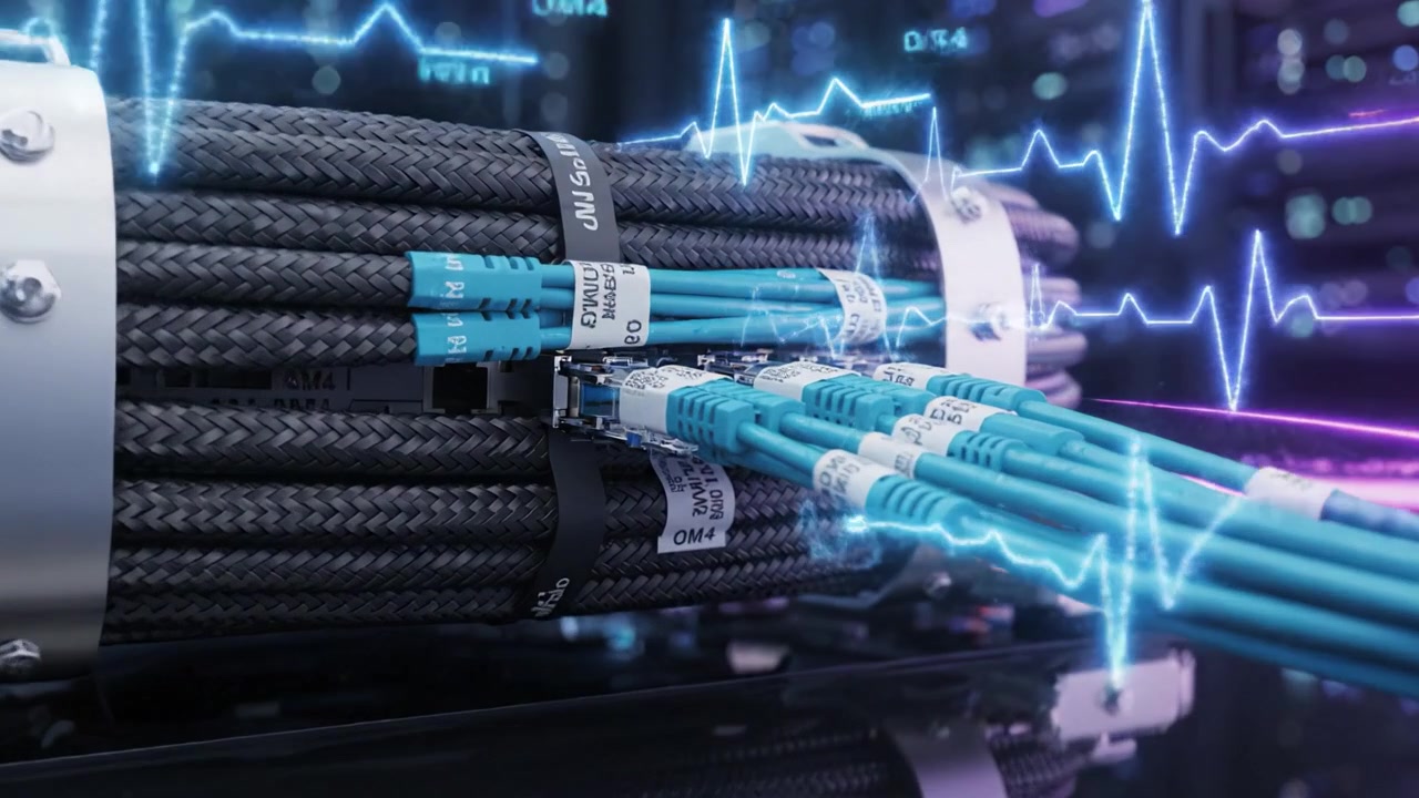 High-Tech Networking Cables in a Data Center Displaying Advanced Connectivity with Dynamic Visuals and Digital Interfaces Enhancing Performance Metrics and Readiness