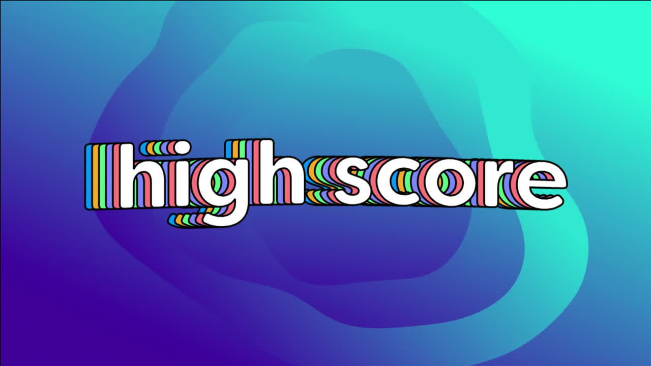 High score text animation over blue and green gradient background