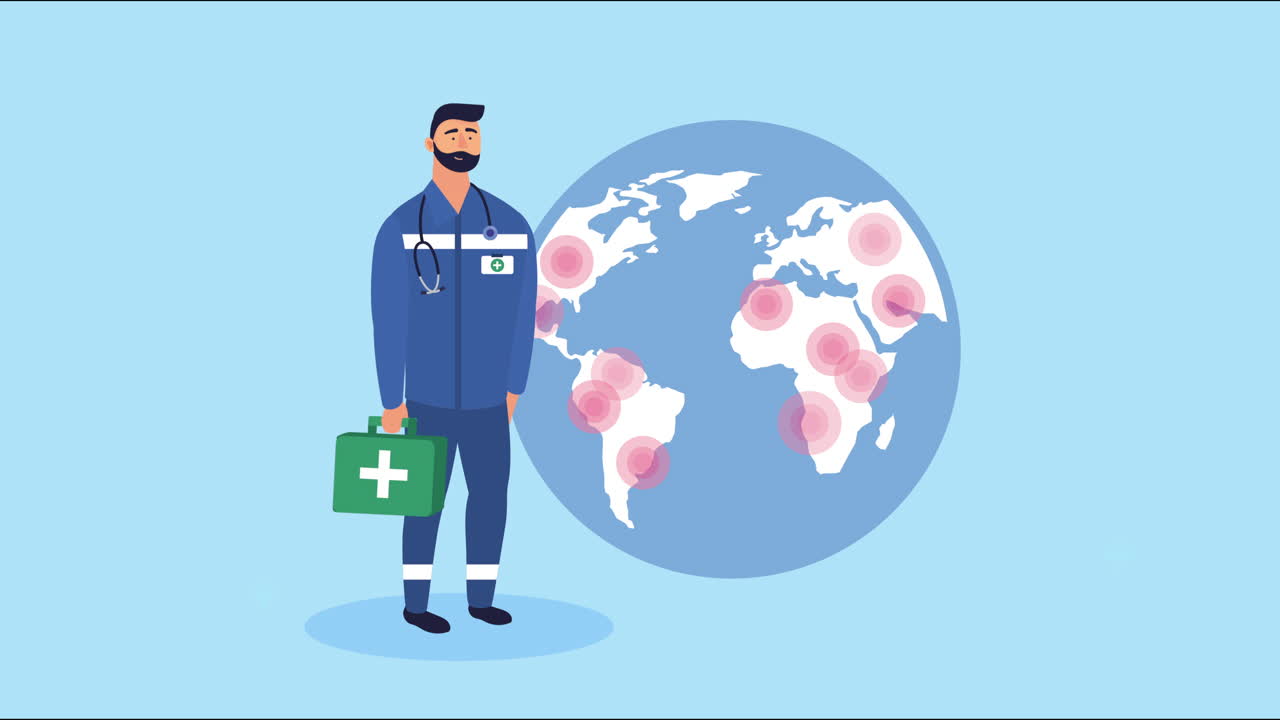 доктор с частицами covid-19 пандемии и планеты земля