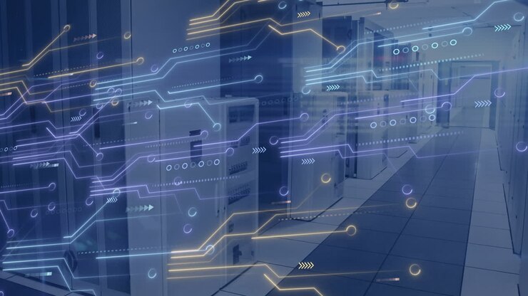 Animation af digital databehandling, printplade og computerservere