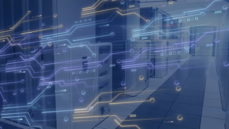 Animation-of-digital-data-processing,-circuit-board-and-computer-servers