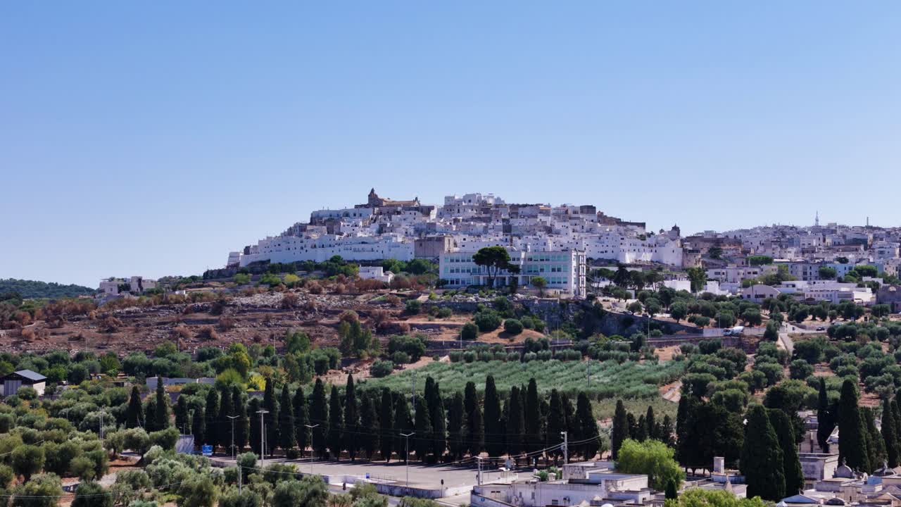 Beautiful city of Ostuni in Italy, aerial ascend view