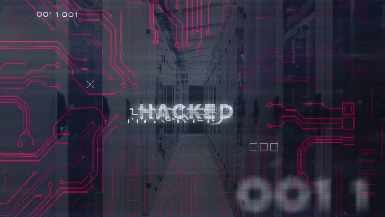 Animation of digital circuit patterns with HACKED text in data center corridor