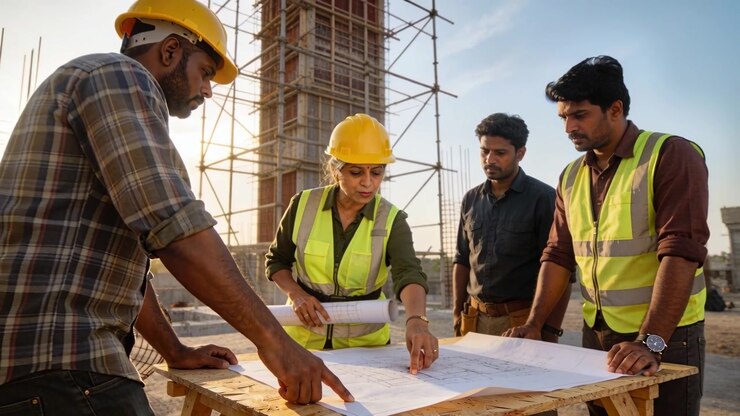 Directing lead in hard hat vest unrolling plans at site after left worker pointing, assigning tasks