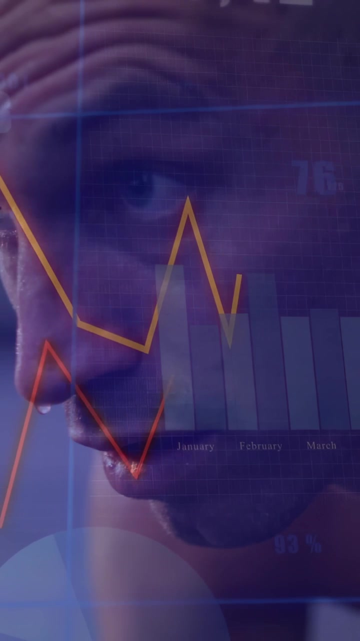 Vertical video: Man lifting head, gasping while effort rising, animated fitness metrics over face