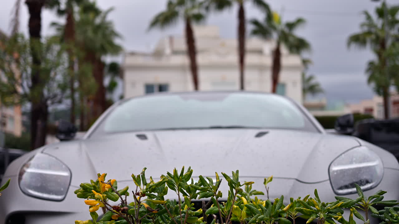 Auto sportiva di lusso parcheggiata in un ambiente urbano con palme e architettura moderna sullo sfondo