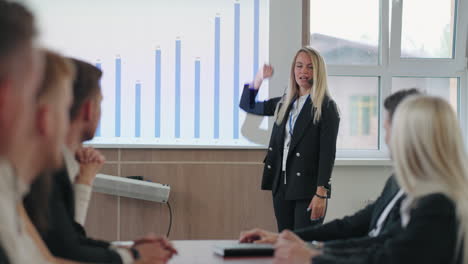 beautiful and clever female coach is speaking in front of businesspeople in business meeting