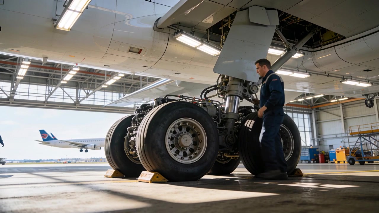 Inspecting tech in hi-vis checking gear near yellow chocks in hangar ...