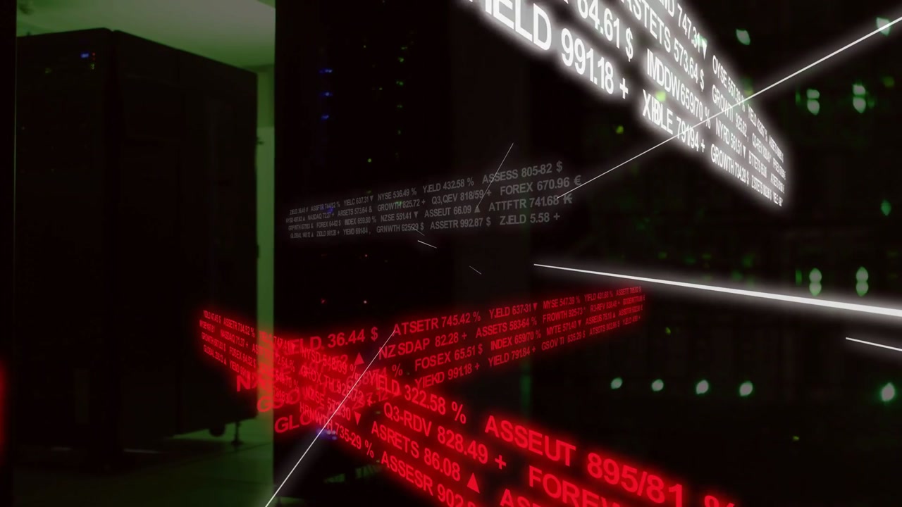 Shifting camera revealing ticker bands displaying market data in server room, with light streaks