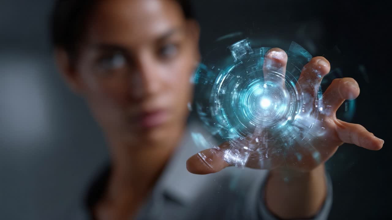 Uma mulher demonstra habilidade extraordinária ao manipular com a mão uma esfera de energia holográfica brilhante, exibindo tecnologia avançada e habilidades futuristas
