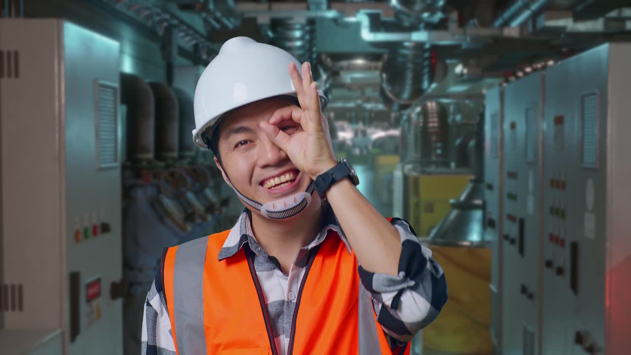 Close Up Of Asian Male Engineer With Safety Helmet Showing Ok Hand Sign Over Eye And Smiling To Camera While Standing In Engine Control Room, Work Of Electrical Generators
