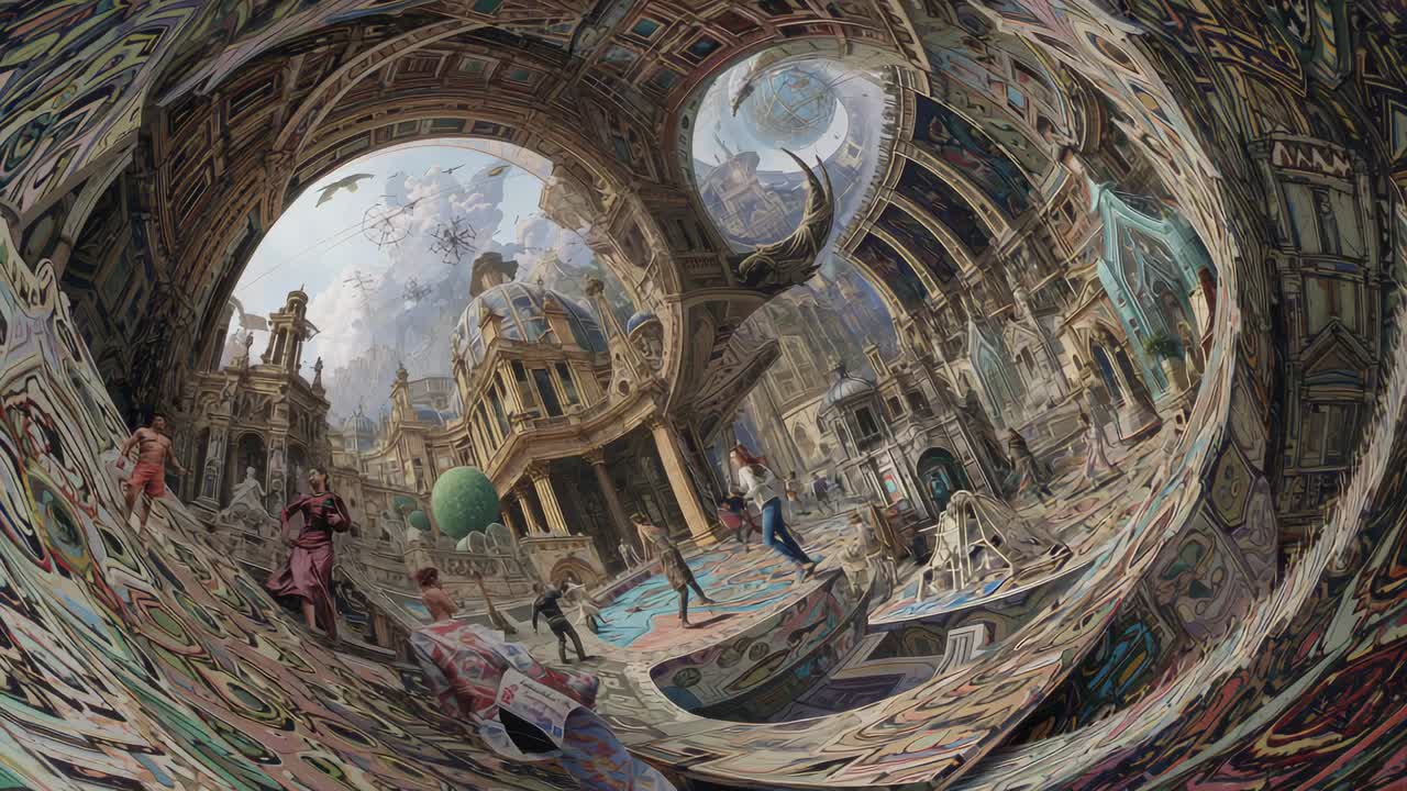 Площадь с посетителями, осматривающими зону бассейна, фигура в красном халате, белая птица влетает, зеленый шар