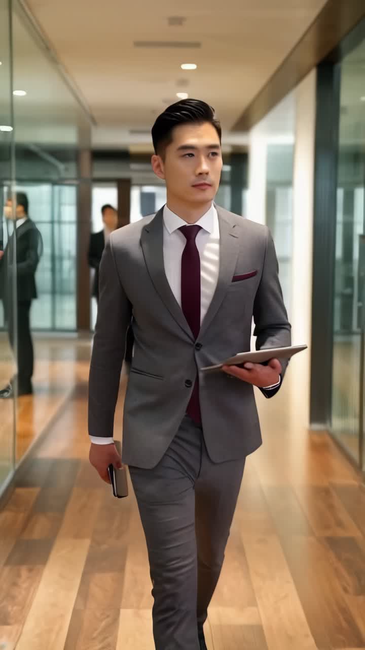 A man in a suit and tie is walking down a hallway with a tablet in his ...