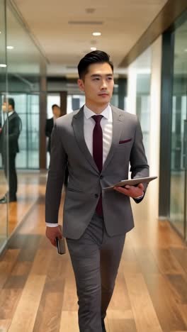 a man in a suit and tie is walking down a hallway with a tablet in his hand