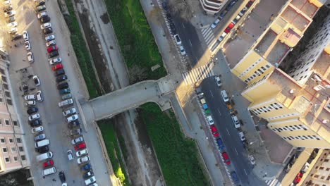 Drone-facing-down-at-walking-bride-in-Palma-De-Mallorca