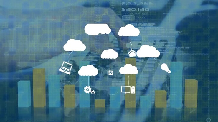 Animation of clouds with technology icons over graphs and hand writing on laptop on blue background