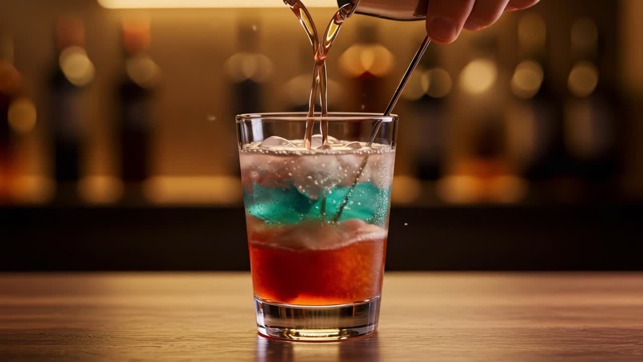 Tilberedning og endelig præsentation af en lagdelt cocktail: En farverig visuel rejse med at skabe og nyde en dejlig cocktailoplevelse.