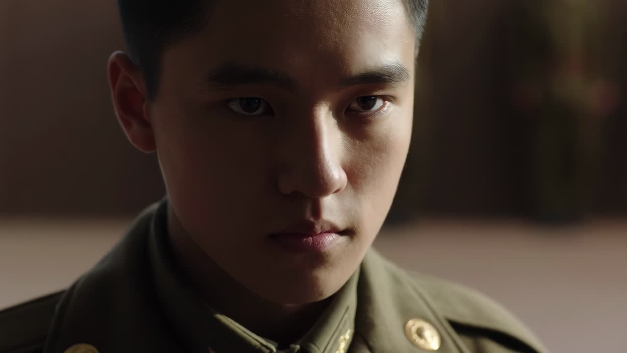 Close-up portrait of a young man in military uniform
