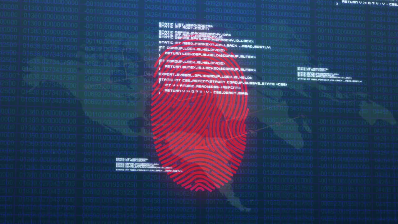 Scanning fingerprint with digital data and animation overlaying world map