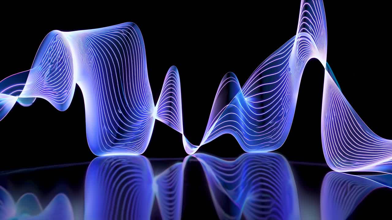 Abstract video concept with neon blue waves on a reflective surface